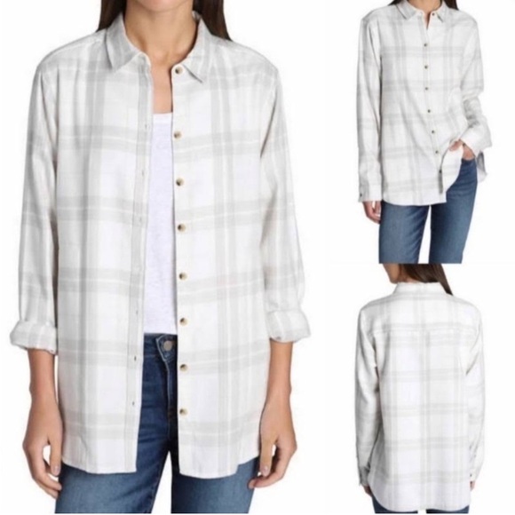Woolrich Pemberton Cream Grey Buffalo Plaid Boyfriend Flannel Top - Picture 1 of 4